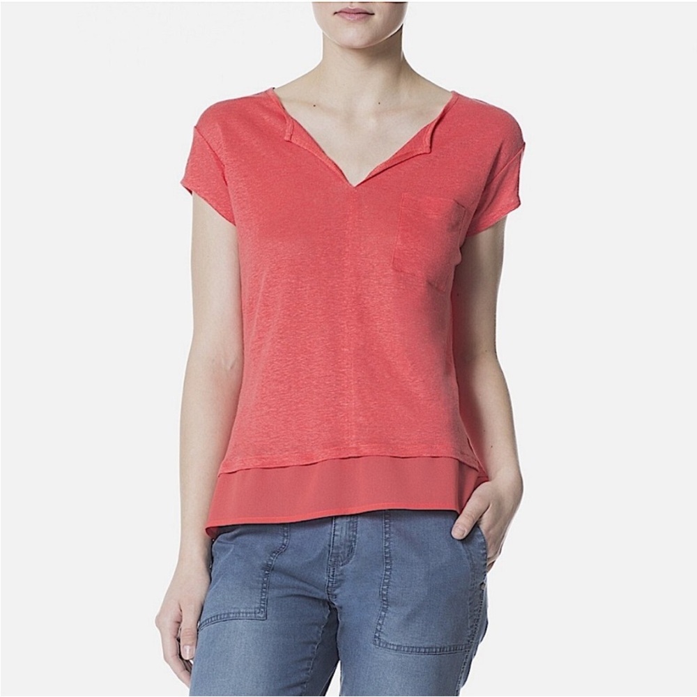 Sanctuary | Women’s Coral Short Cap Sleeve V-Neck Uptown Tee Shirt Peplum Hem S